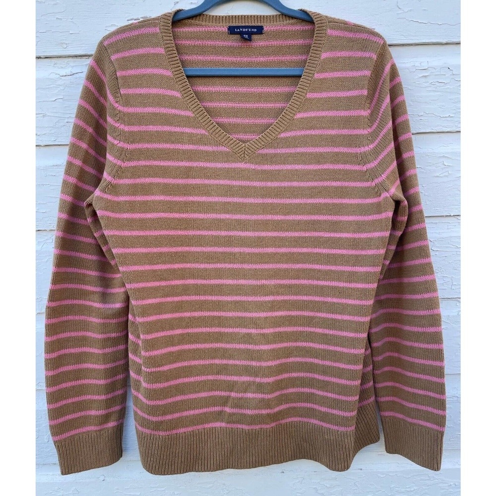 Lands End V-Neck Sweater Womens 14W 0X Retro Beige Pink Stripe Knit Fall Camping